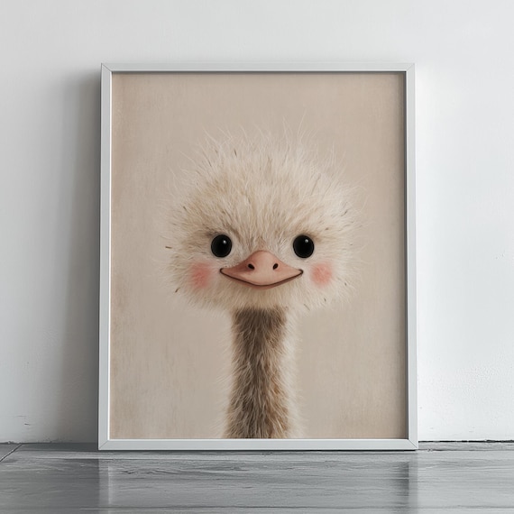Baby Ostrich Portrait Fluffy Nursery Bird Kids Room Wall Art