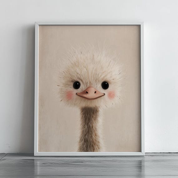 Cute Baby Ostrich Portrait Adorable Nursery Wall Art Childrens Book Illustration Style Animal Decor For Kids Room 229