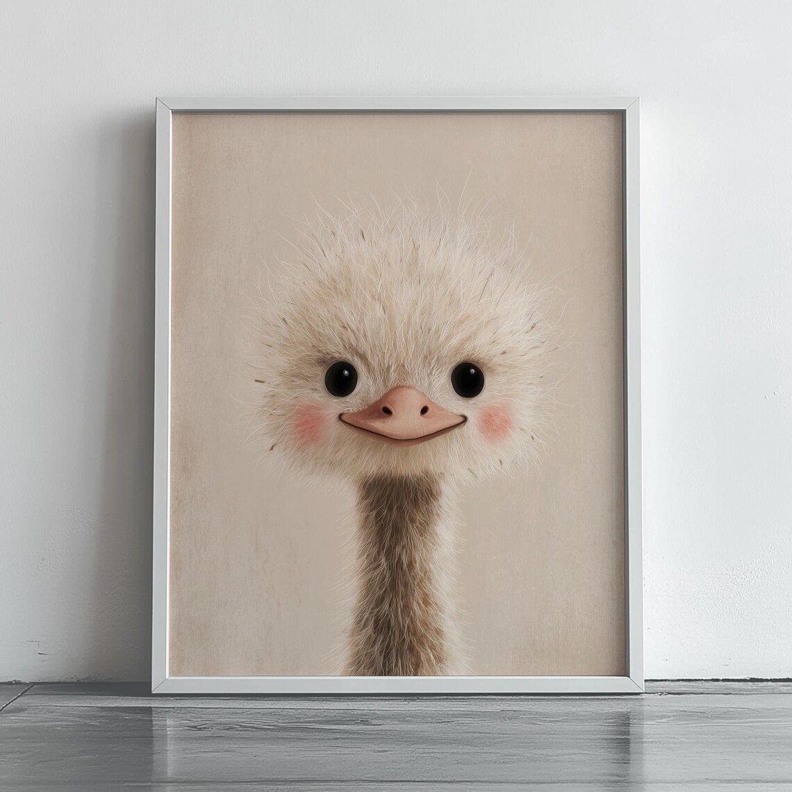 Baby Ostrich Portrait Fluffy Nursery Bird Kids Room Wall Art