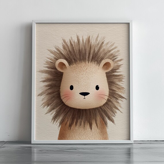 Adorable Baby Lion Fluffy Mane Storybook Portrait Safari Nursery Art Poster