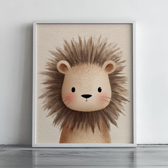Cute Baby Lion Wall Art Childrens Book Illustration Nursery Decor Animal Portrait Adorable Safari Theme Artwork 226
