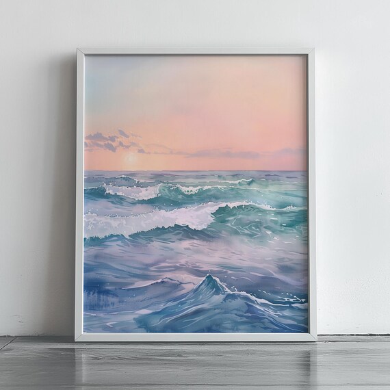 Dreamy Ocean Waves At Sunrise Pastel Watercolor Seascape Poster