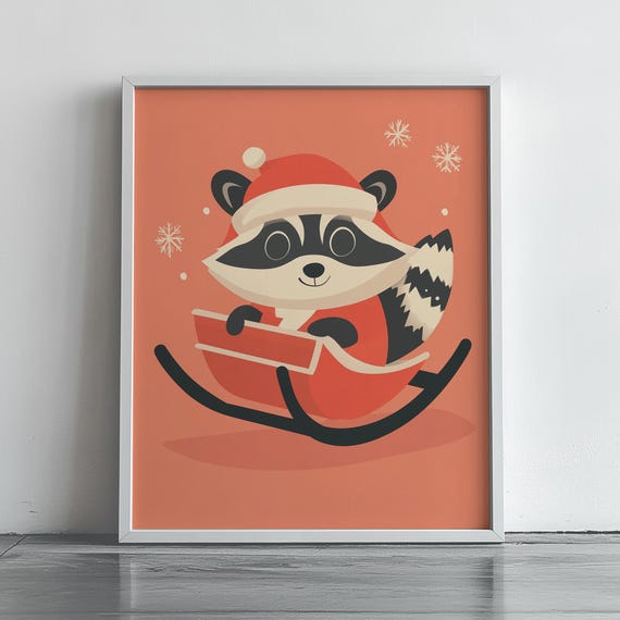 Cute Raccoon Santa Sleigh Art Minimalist Christmas Decor Adorable Holiday Wall Winter Nursery Print Festive Poster 311