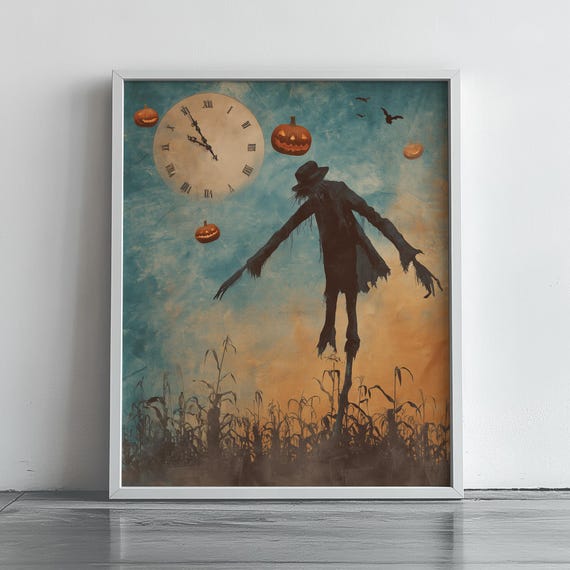 Halloween Scarecrow in Cornfield Poster with Floating Pumpkins and Clock