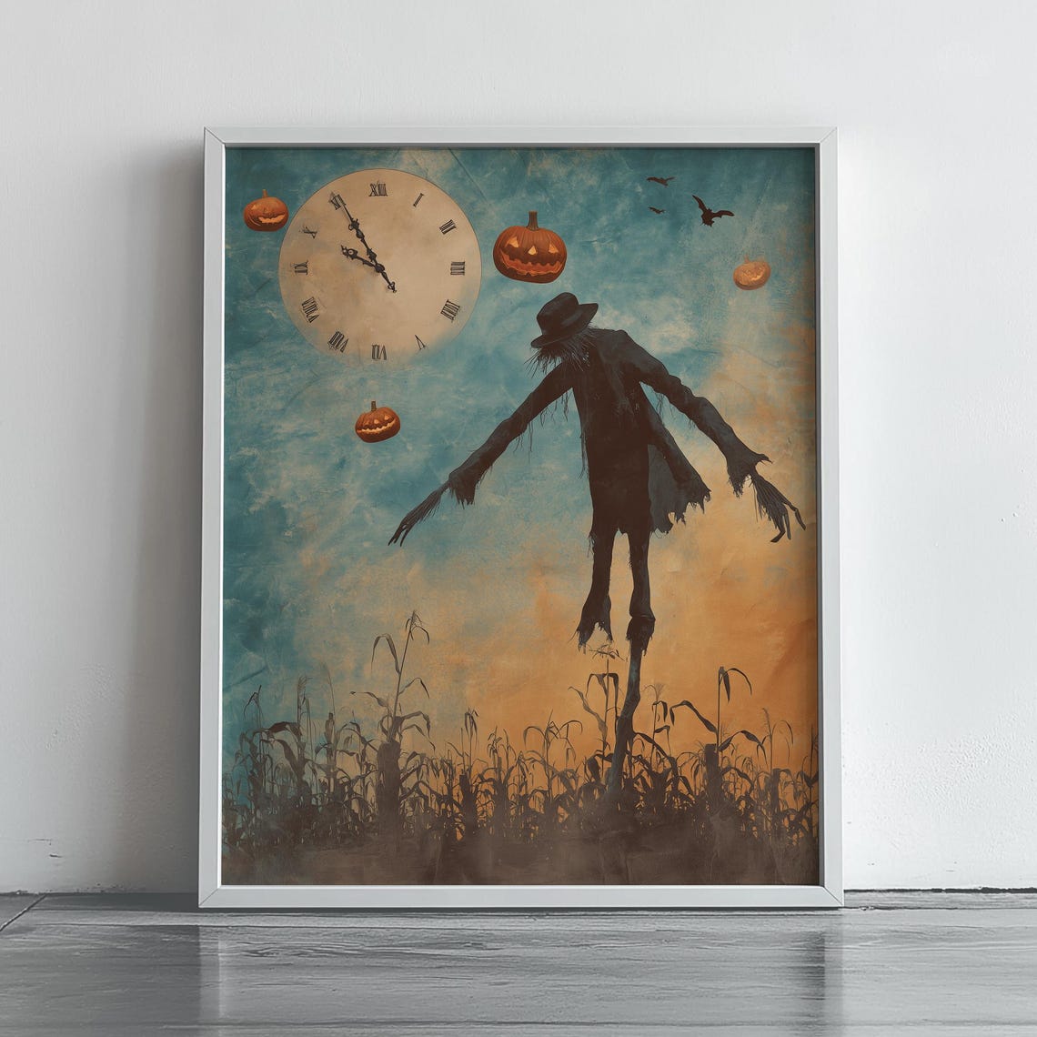 Halloween Scarecrow in Cornfield Poster with Floating Pumpkins and Clock