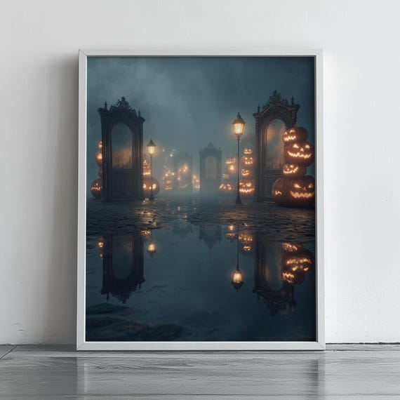 Pumpkin Lanterns Mirrored Cobblestone Misty Halloween Night Poster