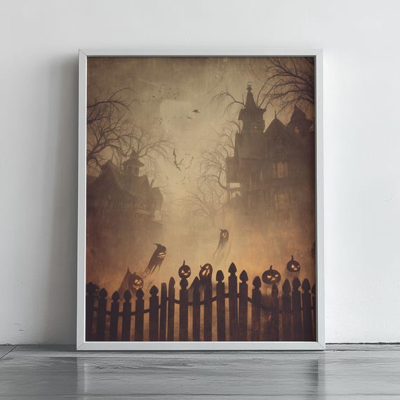 Vintage Halloween Wall Art Spooky Haunted House Rustic Gothic Style Moody Autumn Decor Print 41