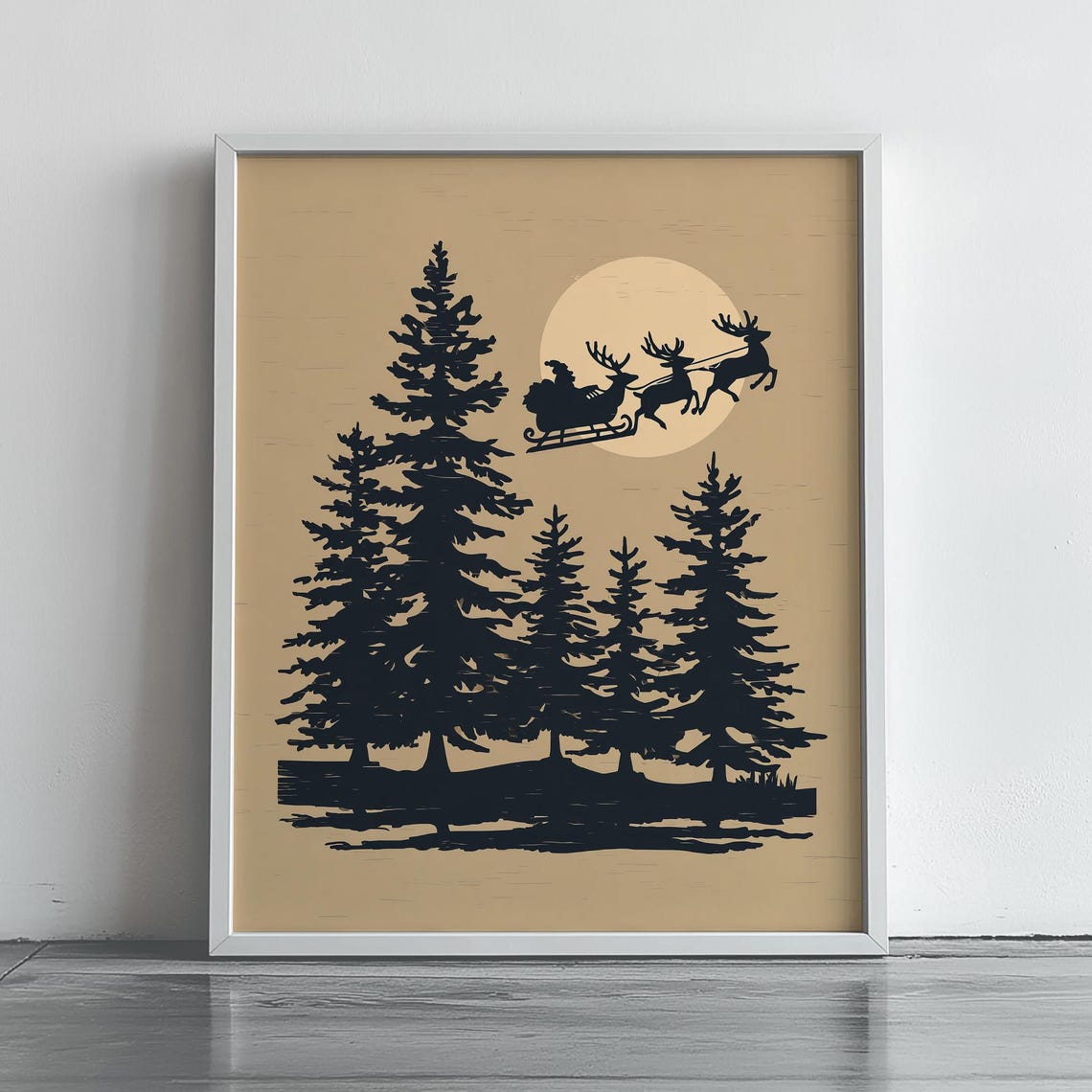 Santa Sleigh Silhouette Flying Over Moonlit Pines Christmas Poster