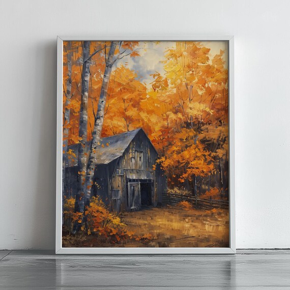 Rustic Wooden Barn In Golden Autumn Woods Landscape Art Poster