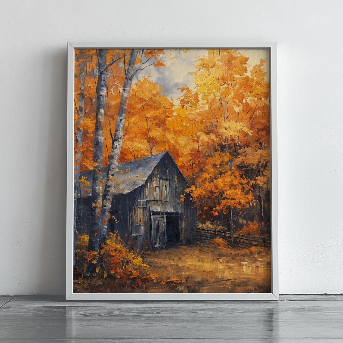 Rustic Wooden Barn In Golden Autumn Woods Landscape Art Poster