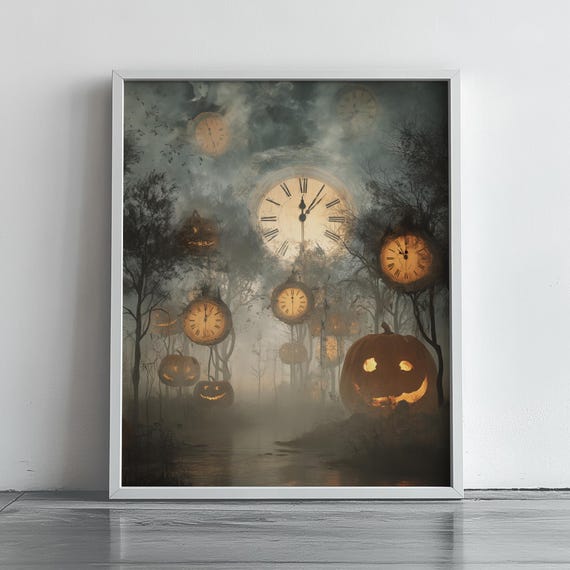Vintage Halloween Wall Art Spooky Jackolanterns Moody Forest Scene Eerie Night Decor Surreal Painting 92