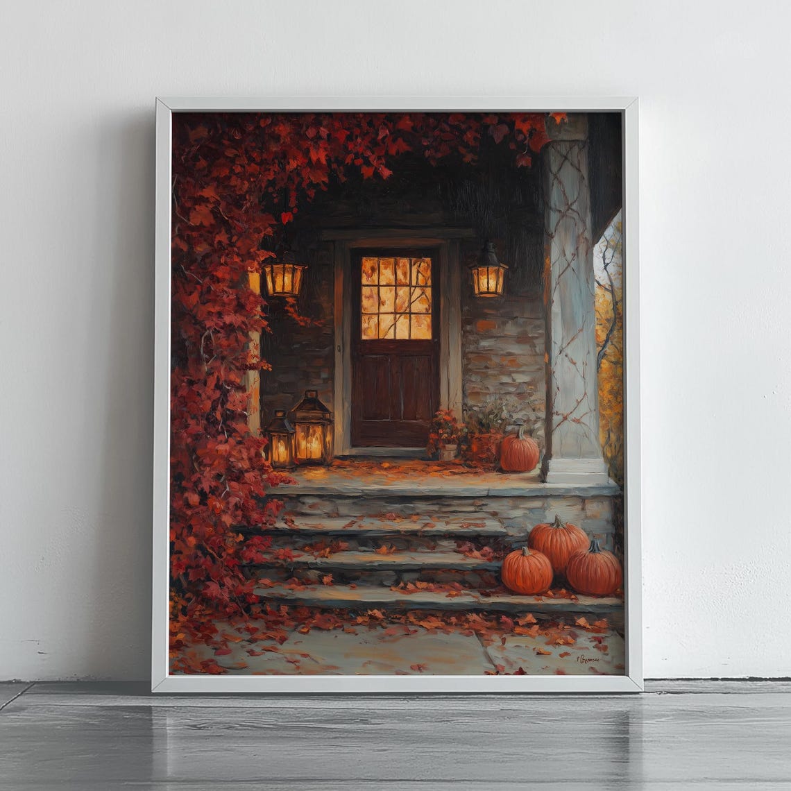 Cozy Autumn Front Porch Glowing Lanterns Pumpkins Fall Evening Art Poster