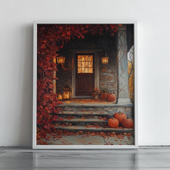 Cozy Autumn Front Porch Glowing Lanterns Pumpkins Fall Evening Art Poster