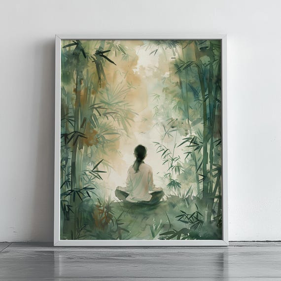 Meditative Woman In Bamboo Grove Tranquil Watercolor Print Zen Nature Art Wall Decor Peaceful Earthy Green Painting 577