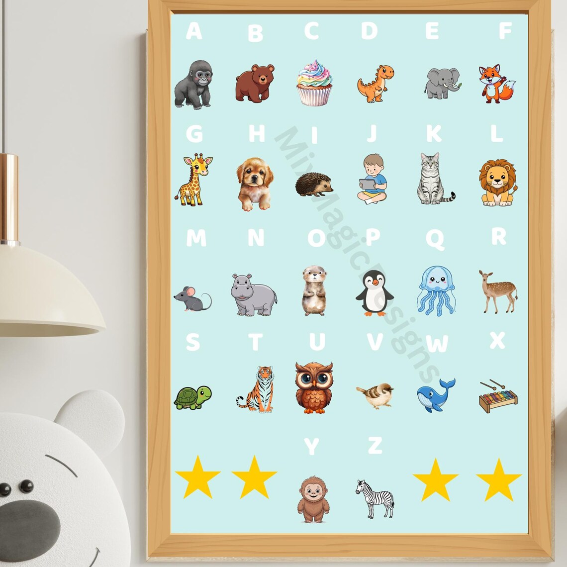 ABC Alphabet Cute Animal Friends Pastel Kids Room Learning Poster