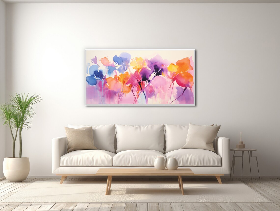 Vibrant Panoramic Watercolor Flower Field Purple Pink Art Poster - Image 3