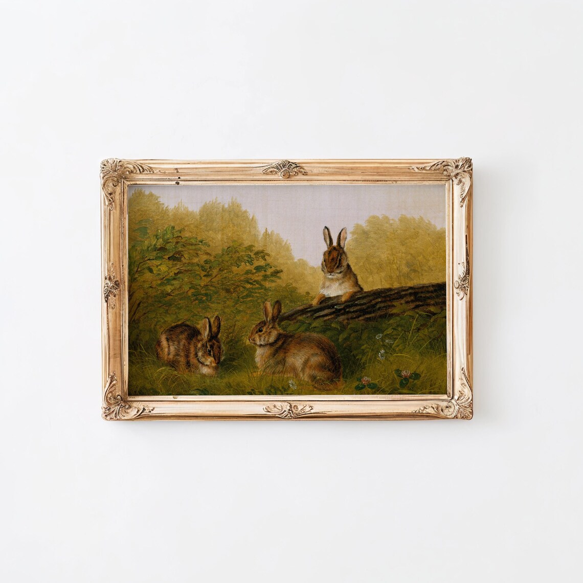 Vintage Three Rabbits in Meadow Field Wildlife Oil Painting Poster - Image 2