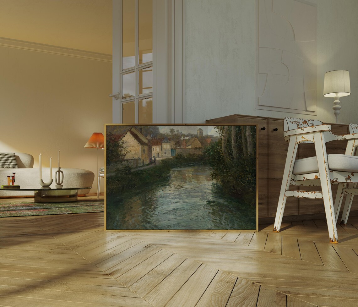 Vintage Riverside Village Poster, Rustic Landscape - Image 3