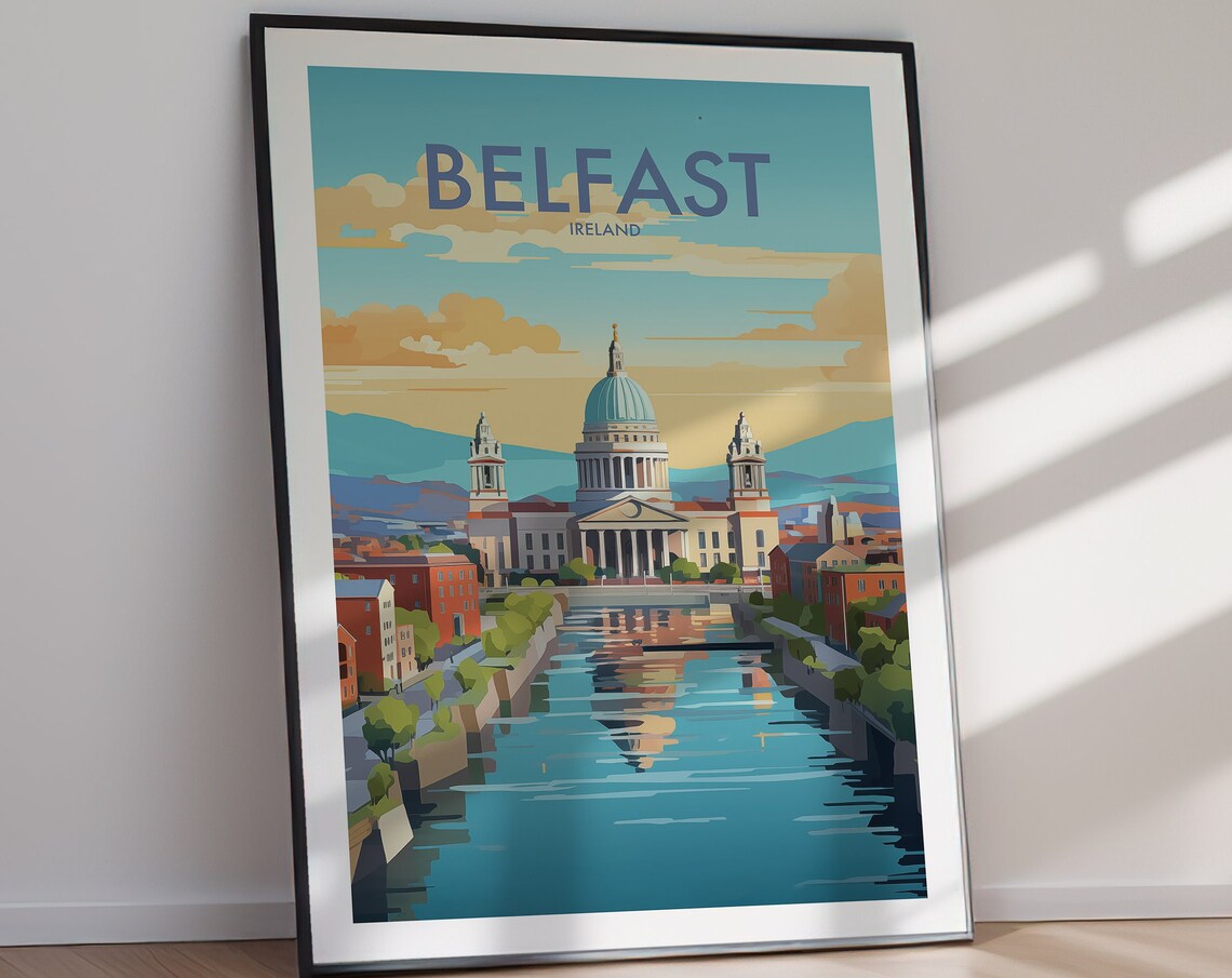 Belfast Ireland Domed Hall On River At Dusk Travel Art Poster - Image 3
