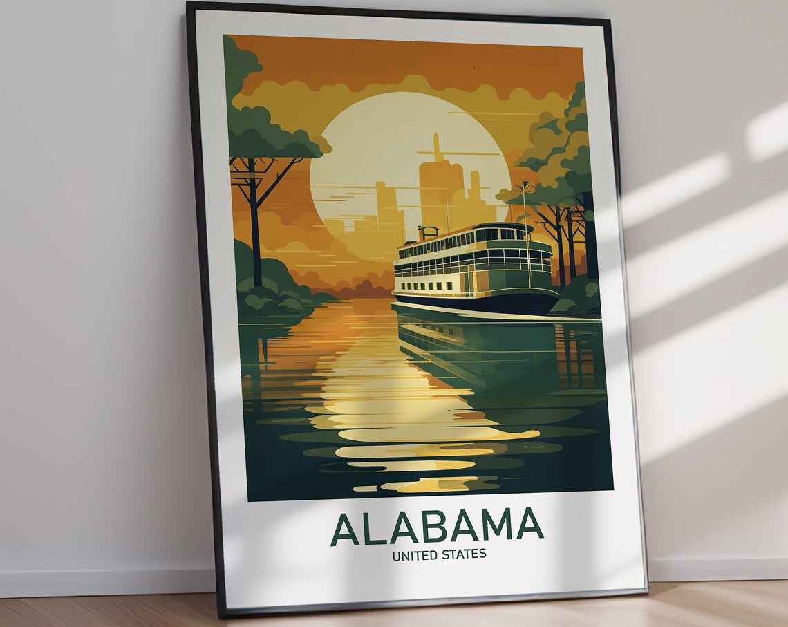 Alabama Golden Riverboat Sunset Vintage Southern Retro Travel Poster - Image 2