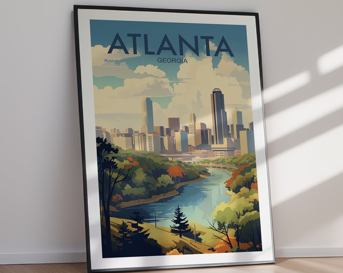 Atlanta Georgia Skyline River Trees Retro Travel Poster Artwork - Image 2