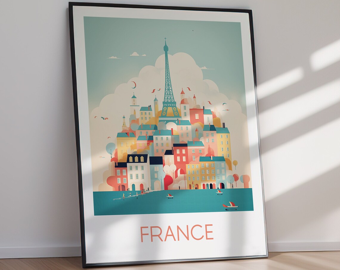 France Paris Eiffel Tower Whimsical Seaside Town Travel Print