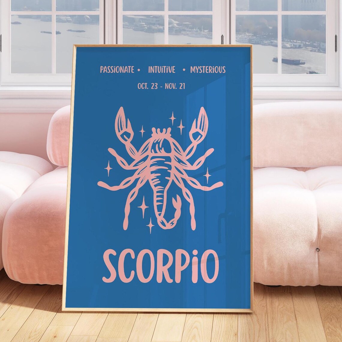 Scorpio Zodiac Sign Pink Scorpion Illustration on Bold Blue Poster