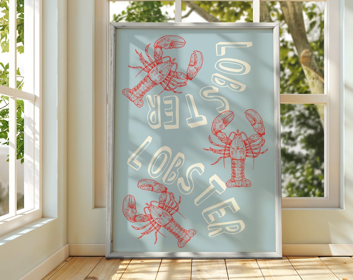 Lobster Lobster Red Illustration Blue Coastal Kitchen Wall Art - Image 3