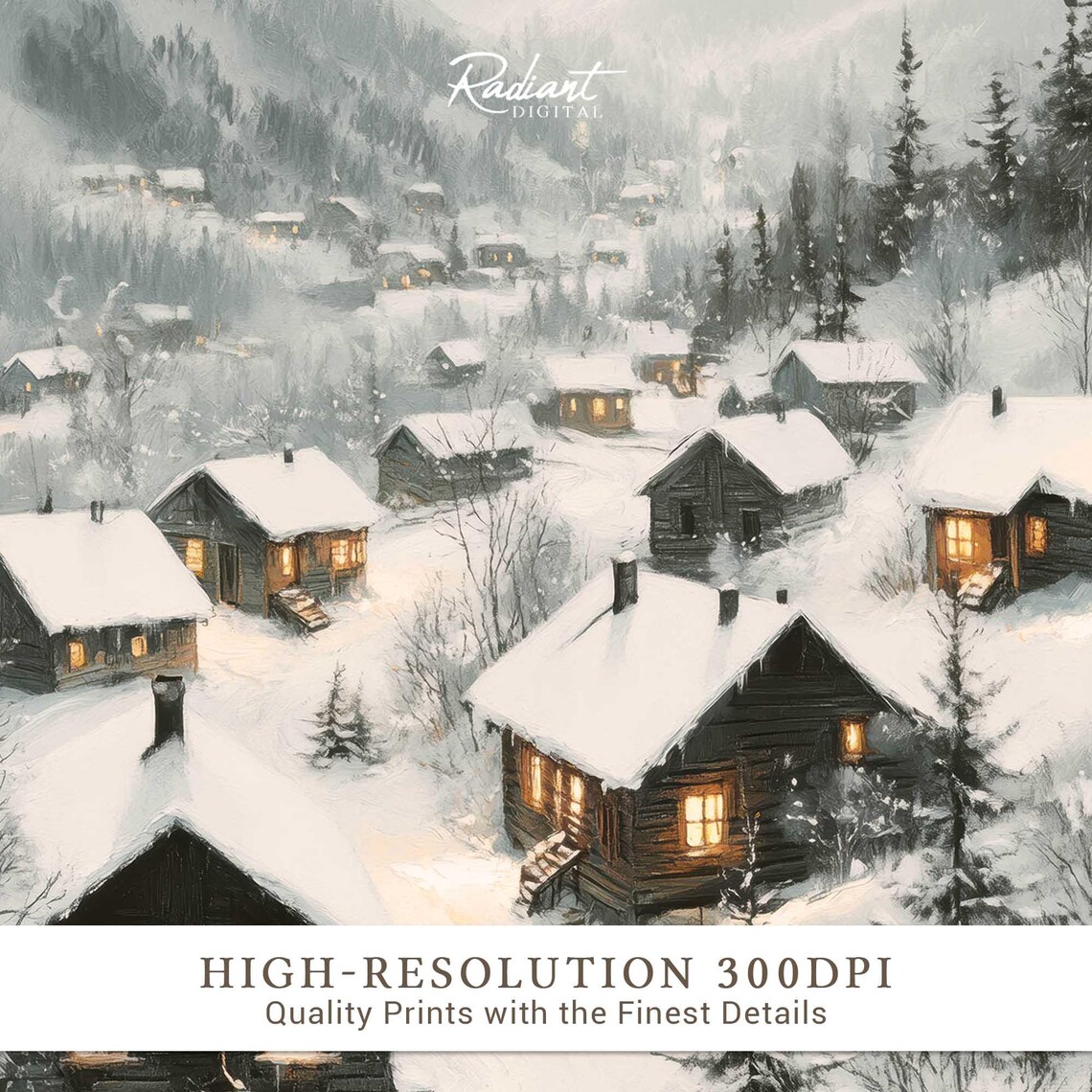 Snowy Mountain Village Cabins Glowing Winter Night Watercolor Poster - Image 3