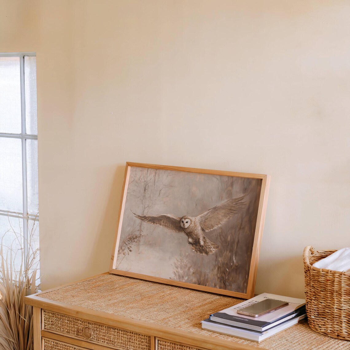 Barn Owl Flying in Misty Winter Forest Warm Sepia Tone Poster