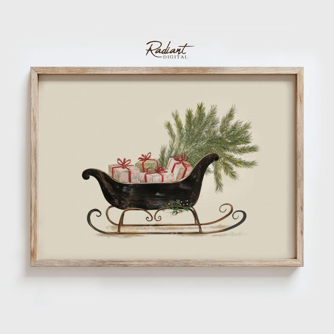 Vintage Black Sleigh with Gifts Pine Branches Holiday Poster