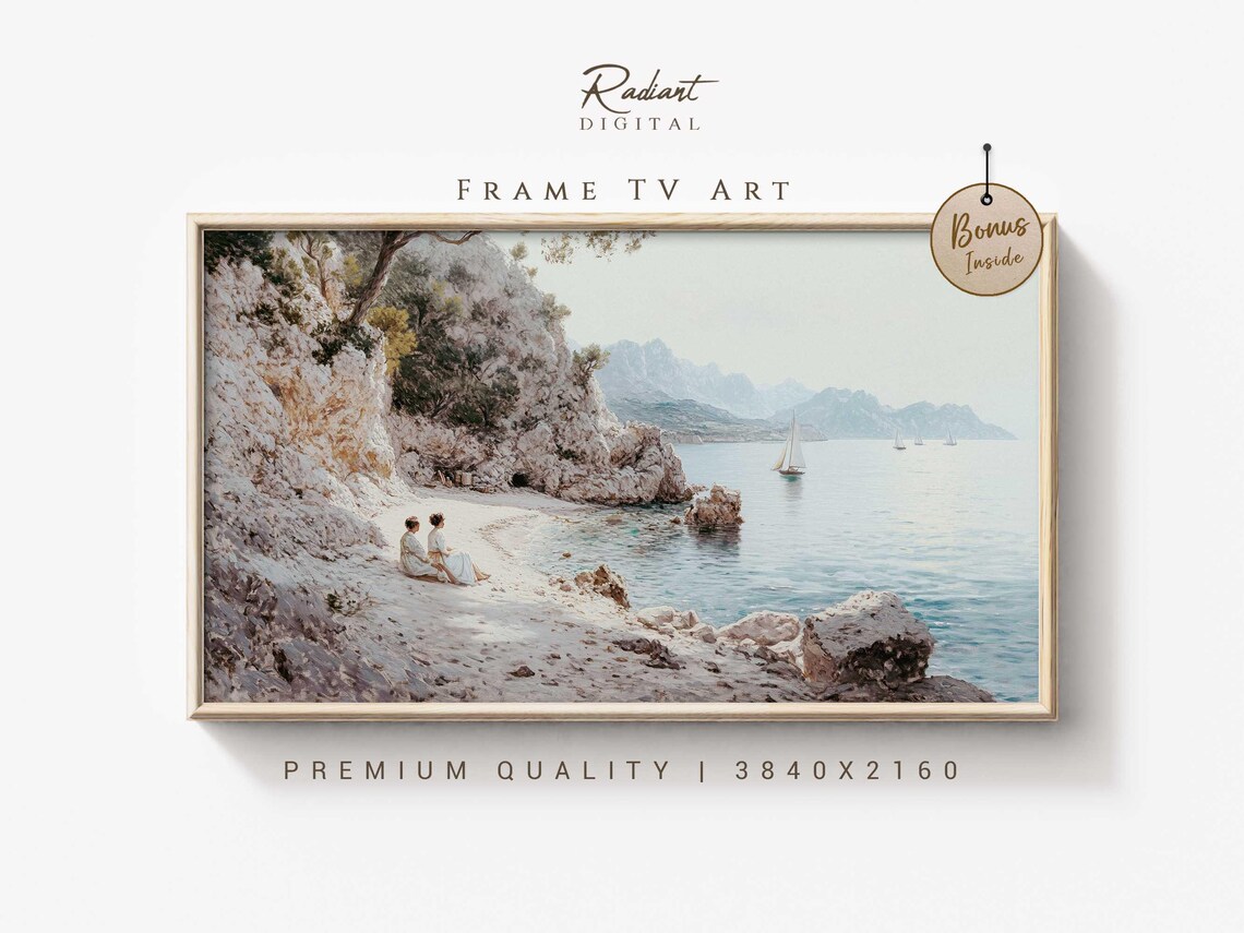 Serene Coastal Cliff Cove Sailboats Calm Beach Escape Wall Art