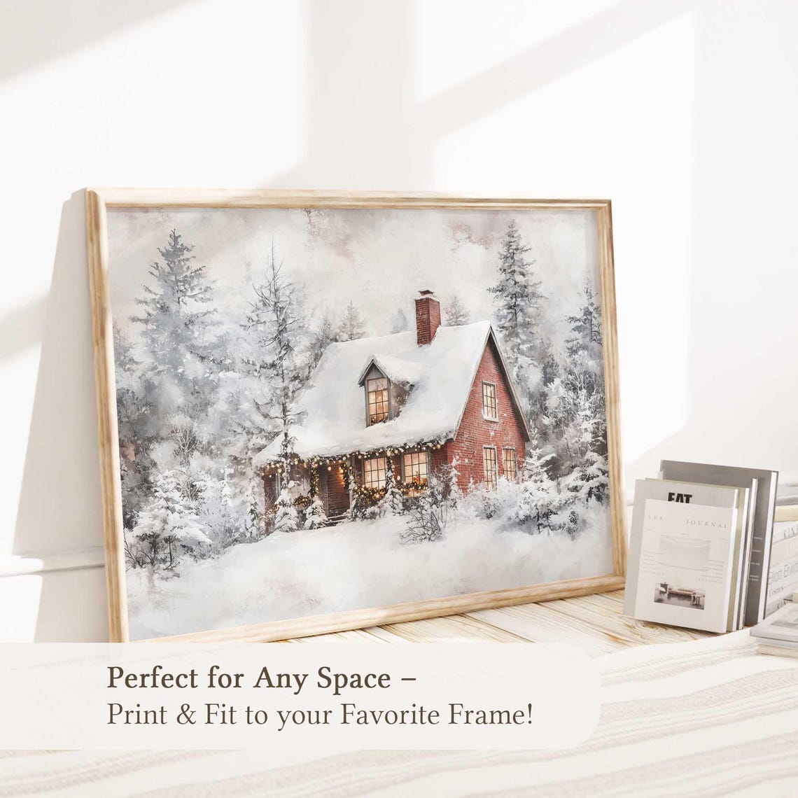Snowy Red Brick Cottage Glowing Windows Cozy Winter Cabin Wall Art - Image 5