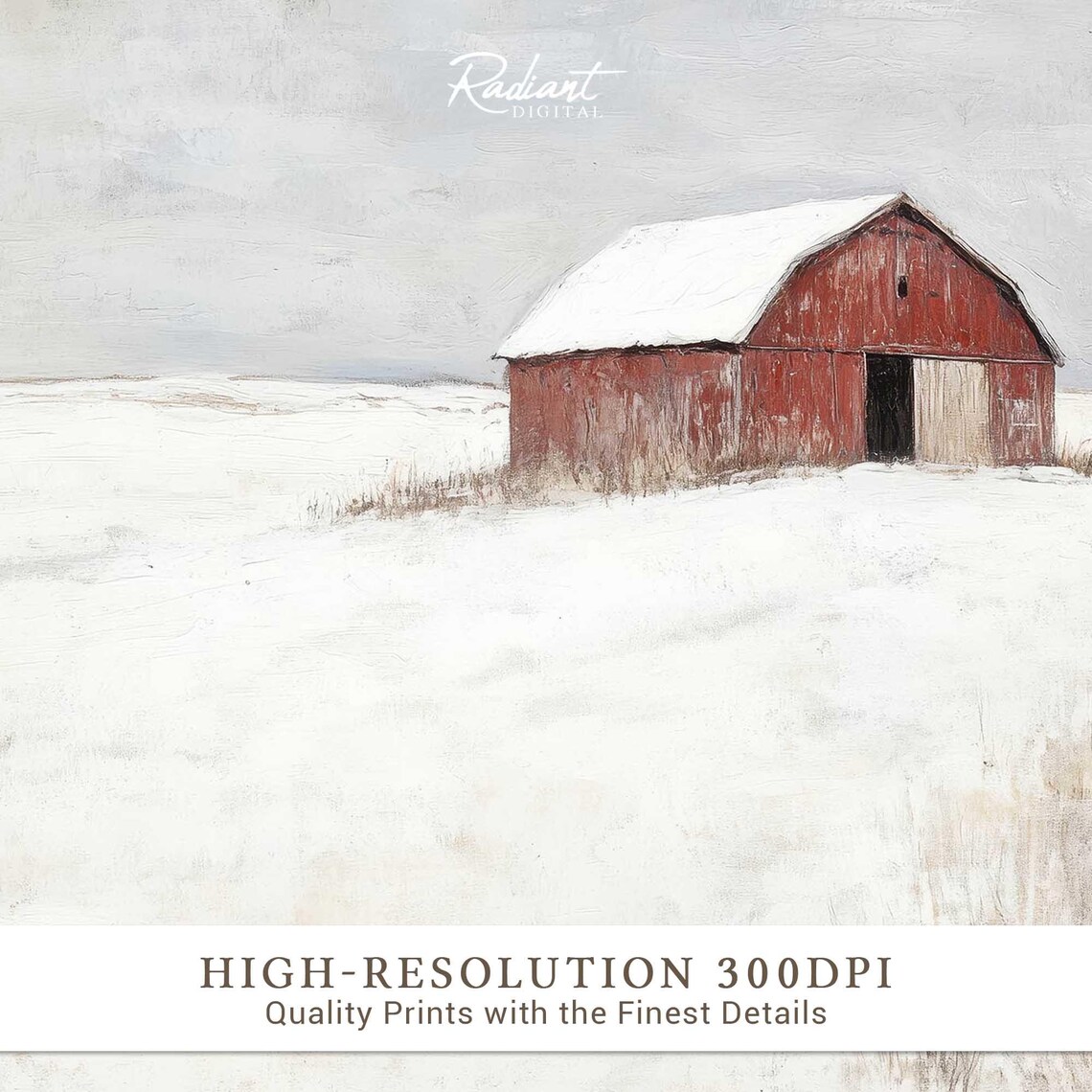 Lone Red Barn in Snowy Field Minimalist Winter Farmhouse Watercolor Poster - Image 3