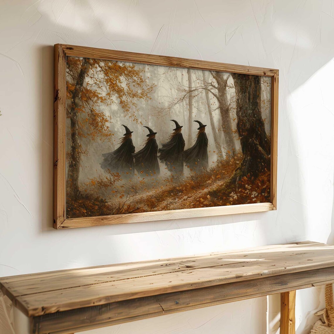 Four Witches Strolling Golden Autumn Forest Fog Halloween Poster - Image 3