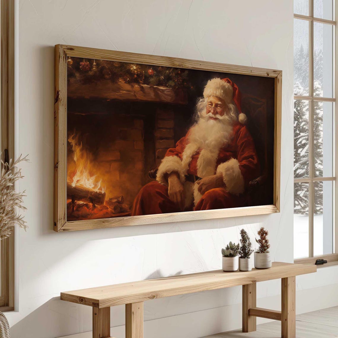 Vintage Santa Claus By Fireplace Frame Tv Art Cozy Christmas Fireplace Tv Art Santa Frame Tv Art Vintage Holiday Tv Decor Festive Tv Art - Image 2