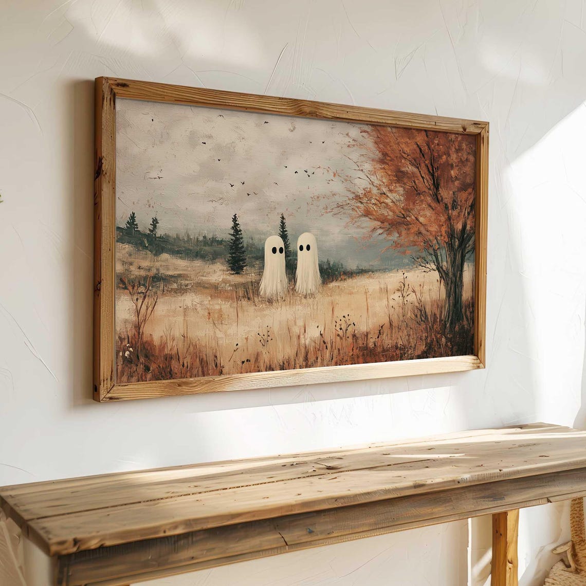Two Cute Ghosts in Autumn Field Fall Landscape Halloween Art Poster - Image 3