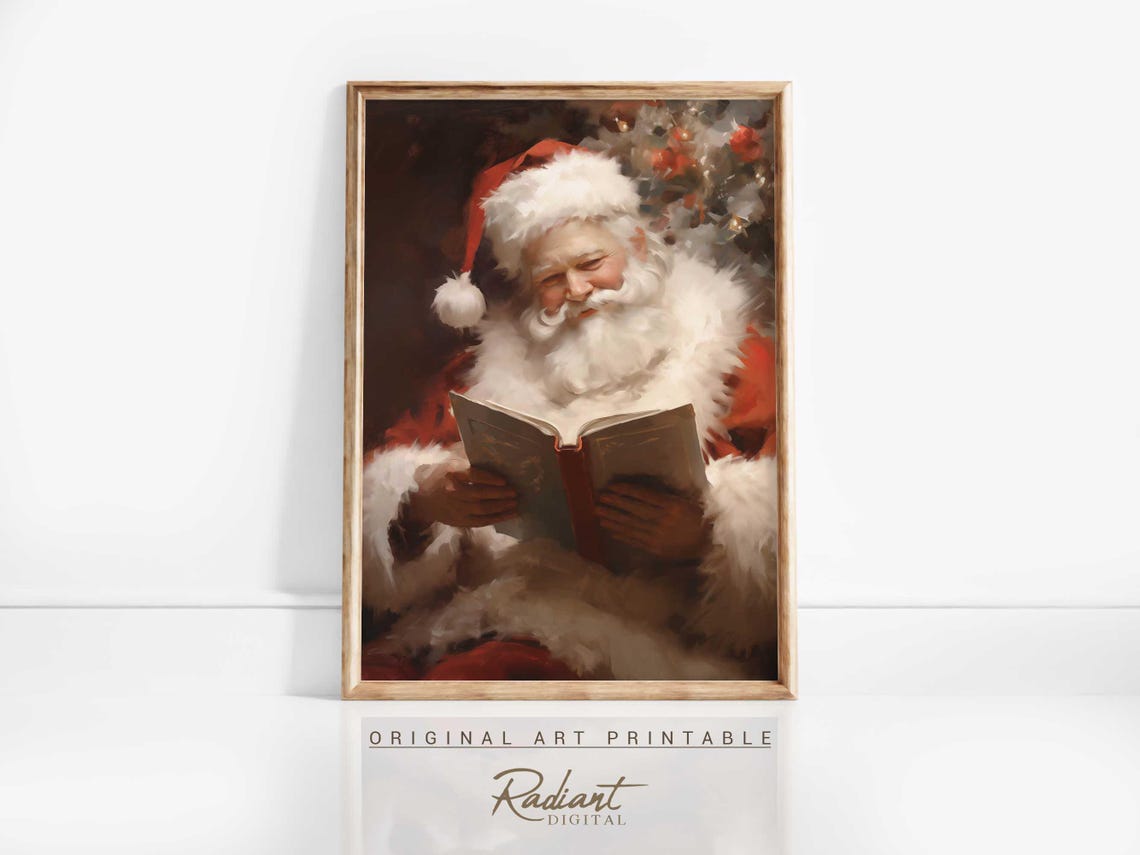 Santa Claus Reading by the Fire Cozy Christmas Watercolor Poster