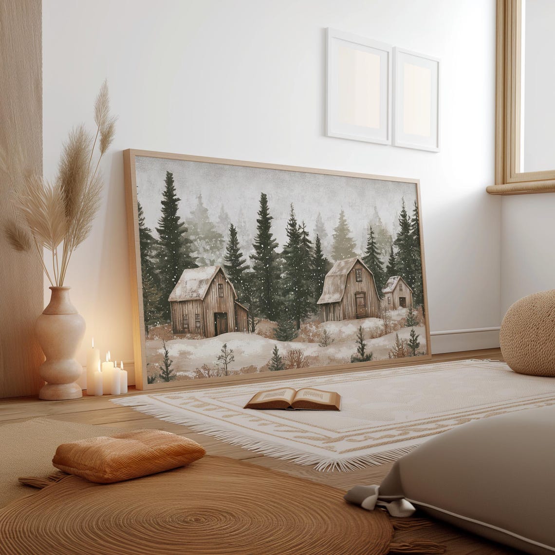 Rustic Barns in Snowy Pine Forest Winter Farmhouse Watercolor Poster - Image 4