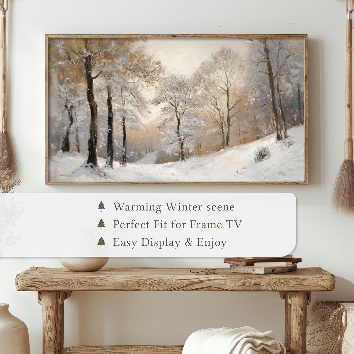 Golden Winter Forest with Snowy Path Luminous Landscape Watercolor Poster - Image 4