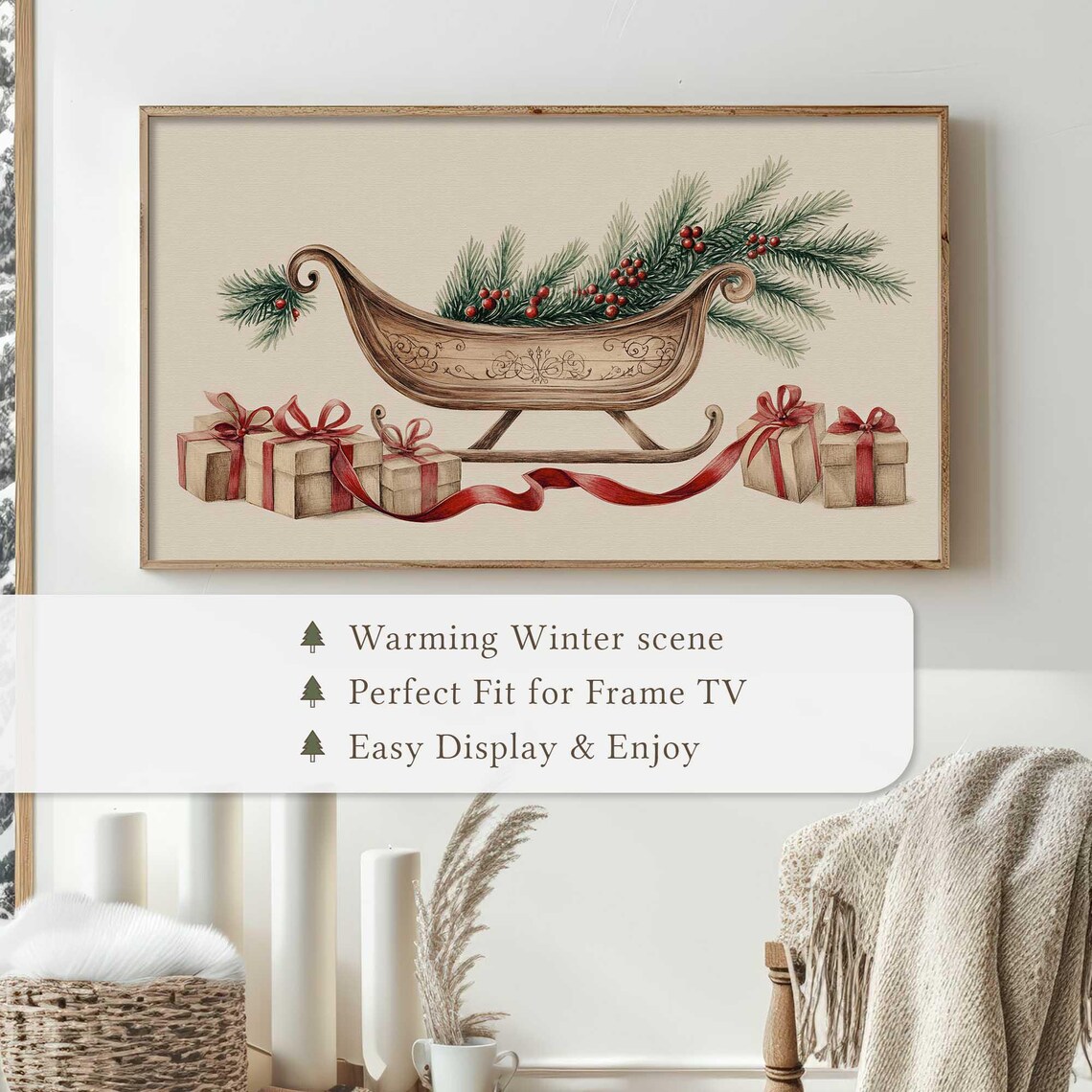 Wooden Sleigh Pine Boughs Red Ribbons Gifts Christmas Sketch Wall Art - Image 4