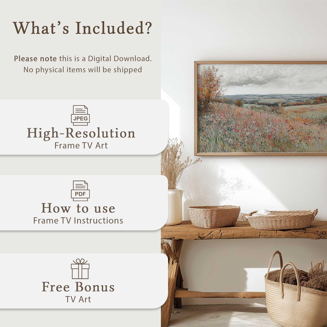 Wildflower Meadow Poppies Rolling Hills Rustic Country Wall Art - Image 5