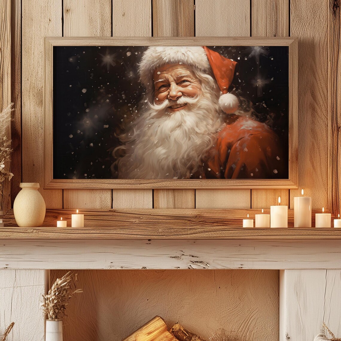 Santa Claus Smiling Portrait Snowy Night Christmas Watercolor Poster - Image 5