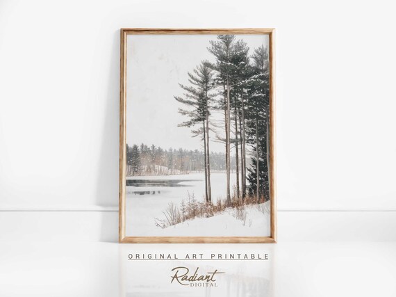 Silent Tall Pines over Frozen Lake Misty Winter Landscape Poster