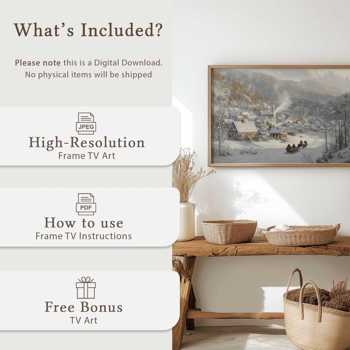 Winter Village Frame Tv Art Cozy Snowy Christmas Scene Horse Sleigh Ride Art Holiday Village Tv Art Festive Winter Frame Tv Display - Image 5