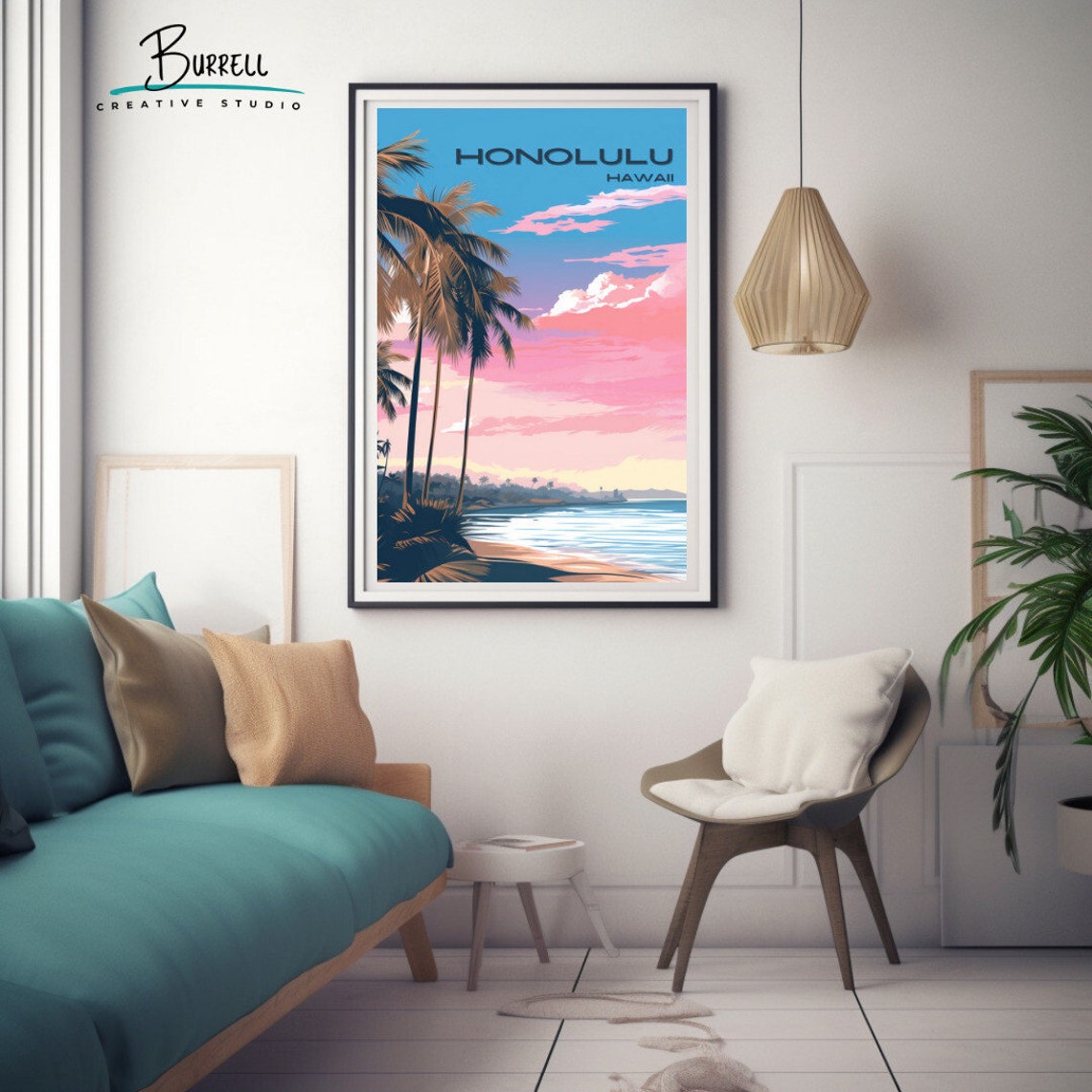 Honolulu Hawaii Palm Trees Sunset Beach Pink Sky Island Travel Poster - Image 3