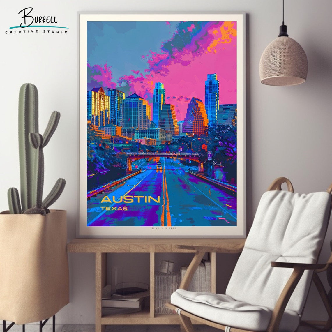 Austin Texas Neon Skyline Over Congress Bridge At Dusk Poster - Image 2