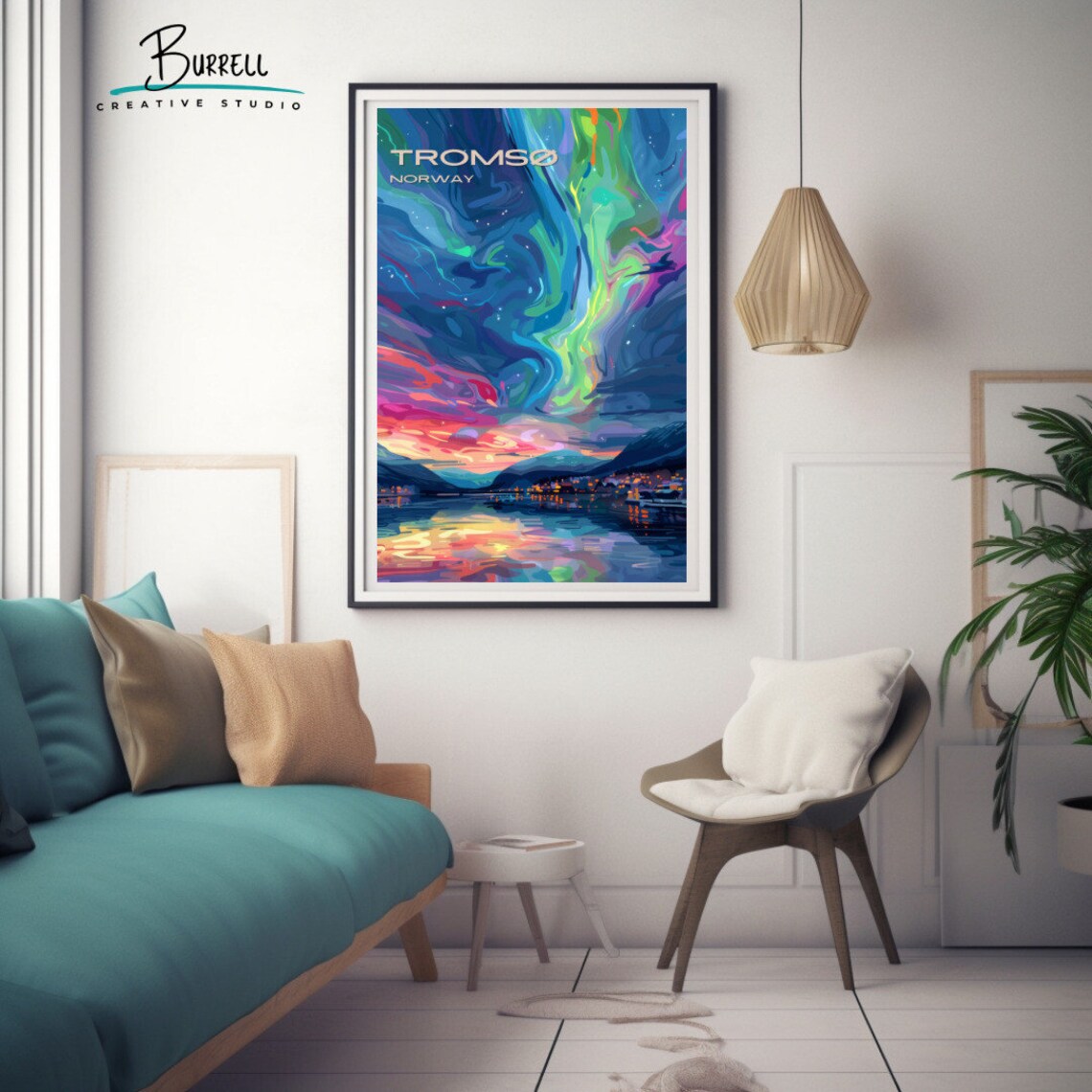 Tromso Norway Vivid Aurora Borealis Fjord Town Reflections Poster - Image 3