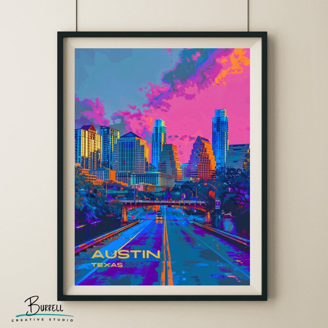 Austin Texas Neon Skyline Over Congress Bridge At Dusk Poster