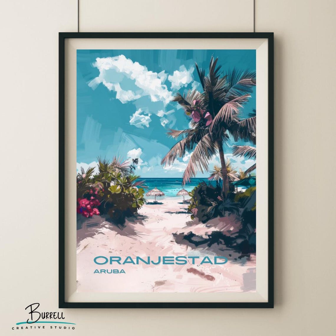 Oranjestad Aruba Beach Palms and Umbrellas Caribbean Scene Poster